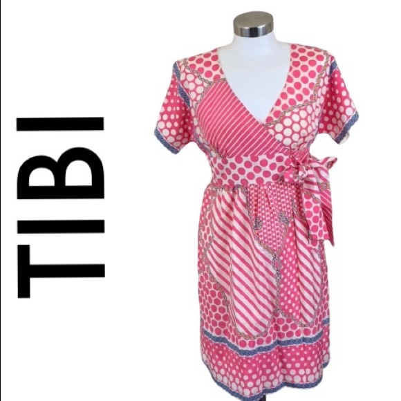 Tibi Dresses & Skirts - TIBI PINK WHITE PRINTED WRAP DRESS SIZE 2
